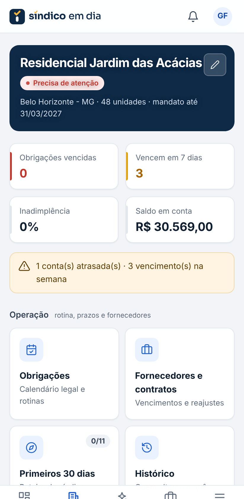 Painel do app Síndico em Dia mostrando prazos e saldo do condomínio